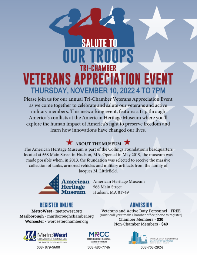 Please join us to celebrate our Veterans! Salute to Our Troops Tri-Chamber event on Thursday, November 10th 4-7 p.m. Reg: metrowest.org