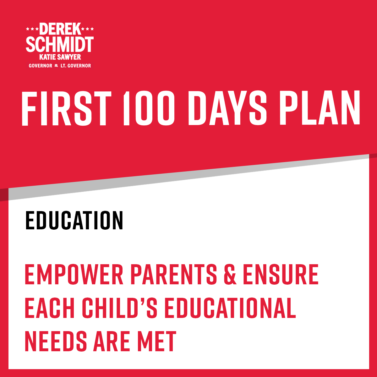 DerekSchmidtKS's tweet photo. Do you agree that we should always put kids and parents first?
As governor, I will empower our Kansas parents to ensure each child gets the education best suited for his or her own needs, regardless of a family’s income or zip code. https://t.co/UmyJ6aO3hV