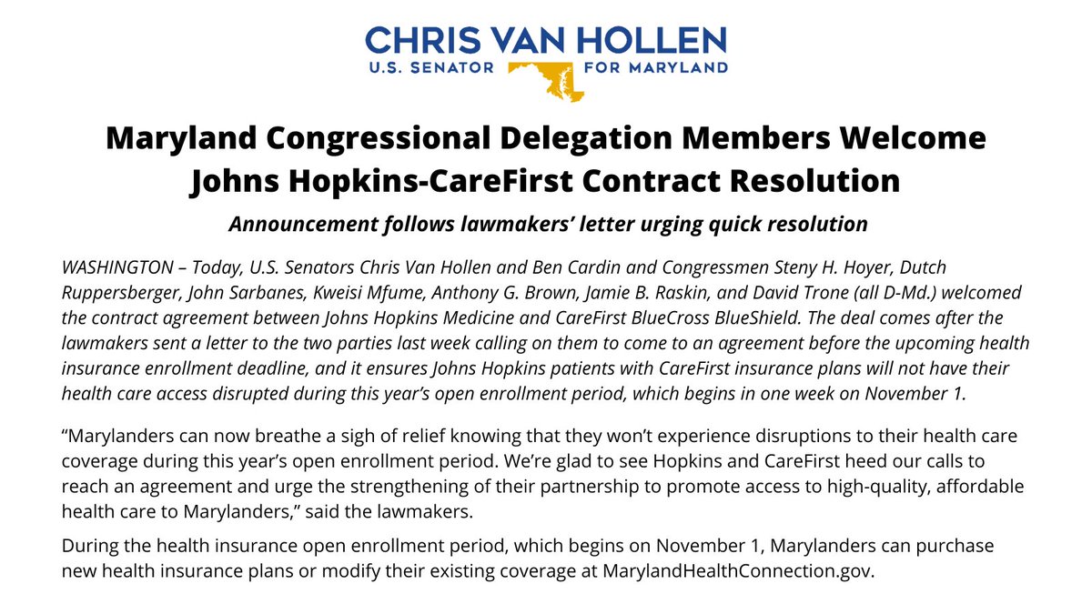 Glad to see that @HopkinsMedicine & @CareFirst have heeded our calls to come to an agreement that won’t disrupt health care coverage for hundreds of thousands of MDers. Read the full statement from Federal Team MD below.