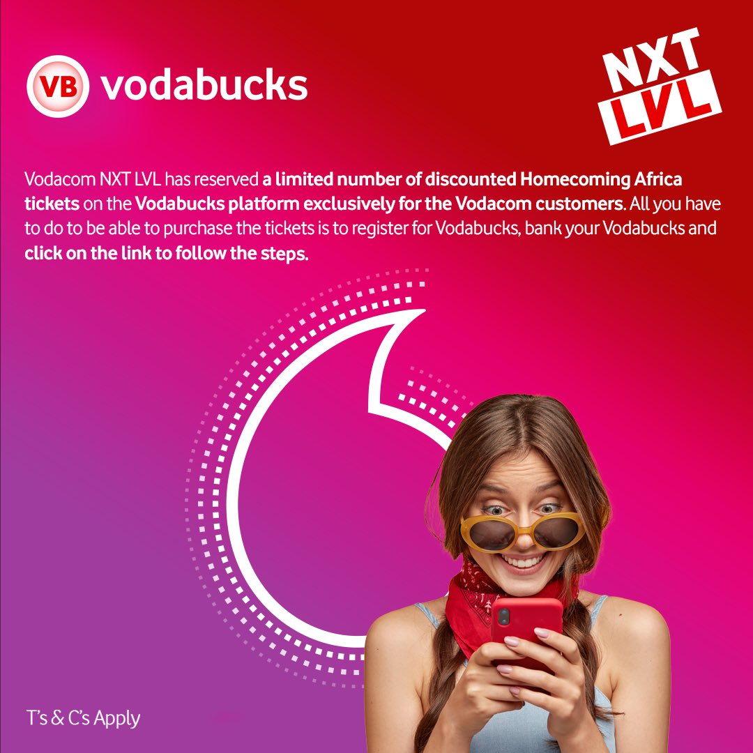 <a href="/Vodacom/">Vodacom</a> NXT LVL has reserved a limited number of discounted #HomeComingAfrica tickets on the Vodabucks platform exclusively for Vodacom customers.✨

Register for Vodabucks, get banking and click on the link to redeem your tickets: linktr.ee/retrolex 

T’s &amp; C’s apply.