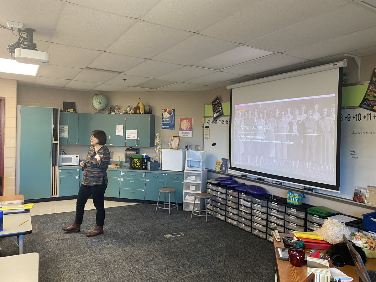 Perla Weaver, JCCC computer science professor, came to talk to our 5th and 6th graders today about the history of computers. <a href="/tuleybirdtweets/">Brooke_Tuley</a> @SunflowerSMSD