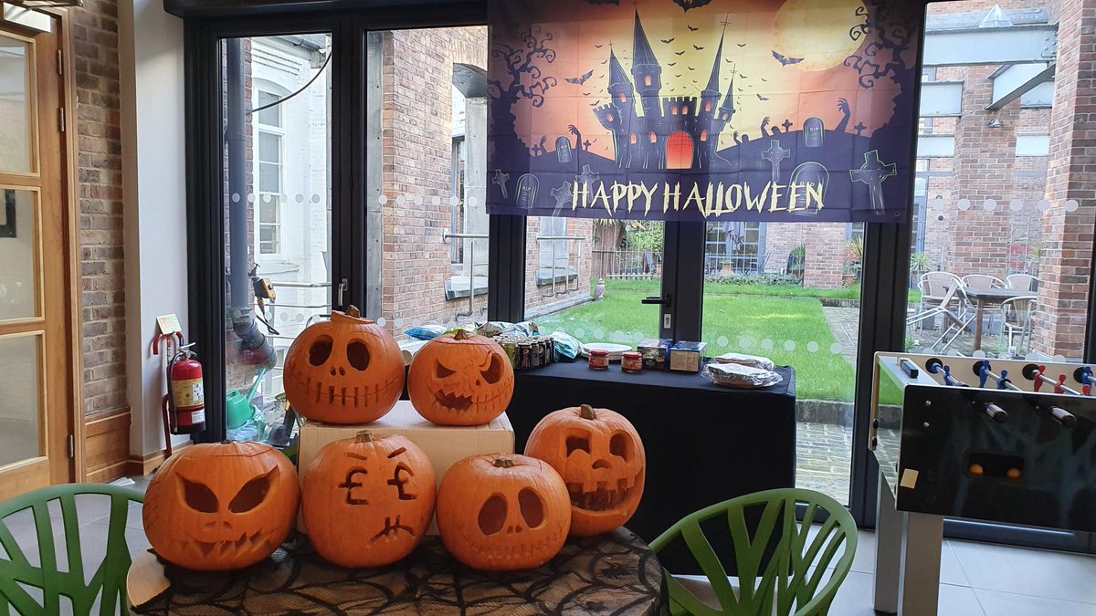 theNBS's tweet photo. Trick-or-treat! 👻 
We're kicking some Halloween-themed fun in the office today with pumpkin carving! Which one is your favourite? 🎃 #LifeAtNBS https://t.co/qOFspfFlZ6