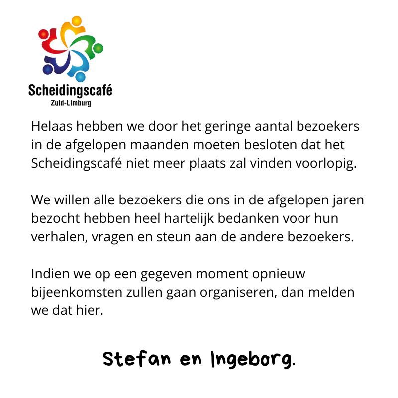 ScheidingscafZL's tweet photo. Helaas. Voorlopig geen Scheidingscafé meer in #Maastricht. Zie afbeelding: 👇🏼 https://t.co/vqczrB8KyC