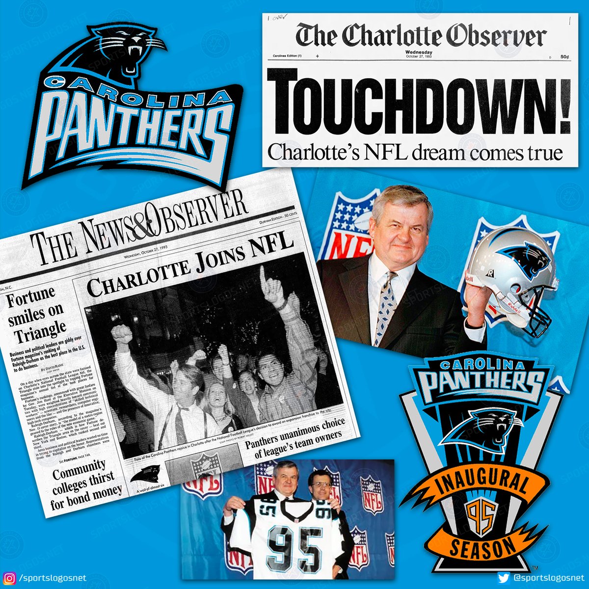 Happy 29th Birthday to the Carolina @Panthers! The NFL awarded an expansion franchise to Charlotte, NC on this day in 1993 #KeepPounding #Panthers #NFL #OnThisDay