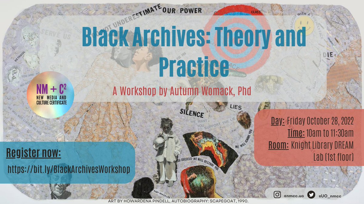 On Friday October 28 from 10am to 11:30am, Dr. Autumn Womack (<a href="/amariewomack/">Autumn Womack</a>) will be facilitating a workshop with graduate students titled "Black Archives: Theory and Practice"

Register now: bit.ly/BlackArchivesW…