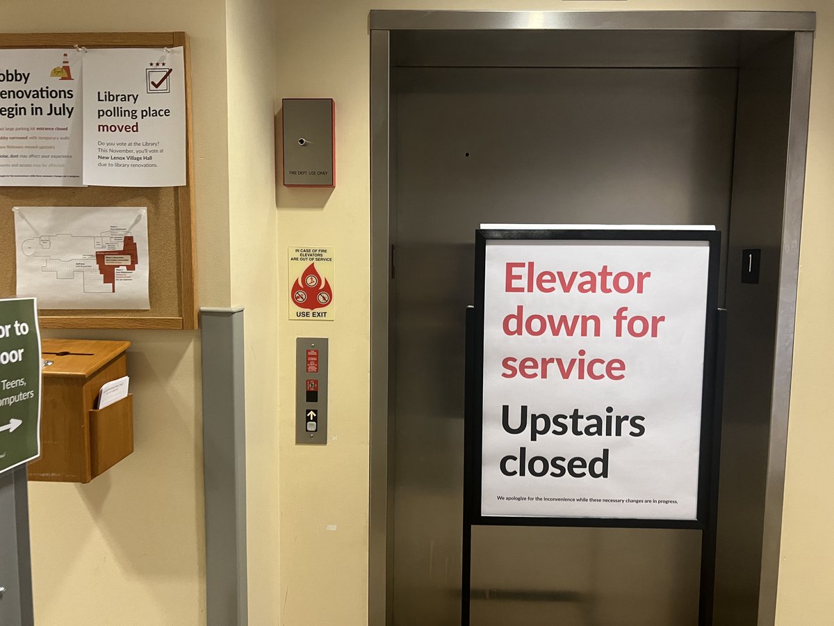 Elevator down for service, UPSTAIRS CLOSED this Wednesday morning. We are hoping the outage will be limited to this morning.

Patron Services (checkout and holds area) and Youth Services remain accessible. We'll post again when upstairs is accessible.