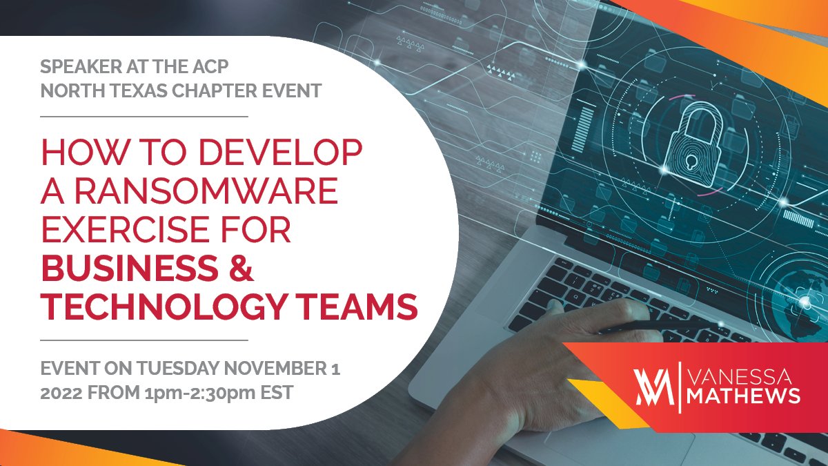 Vanessa Vaughn Mathews (@vanessavmathews) on Twitter photo Join us on November 1, 2022 for “How to Develop a Ransomware Exercise for Business & Technology Teams”
 Listen to related prior podcast episodes 79, and 96 : bit.ly/3F9jBZP
#Asfalis #EmergencyManagement #Safety #Security #BusinessContinuity Join us on November 1, 2022 for “How to Develop a Ransomware Exercise for Business & Technology Teams”
 Listen to related prior podcast episodes 79, and 96 : bit.ly/3F9jBZP
#Asfalis #EmergencyManagement #Safety #Security #BusinessContinuity