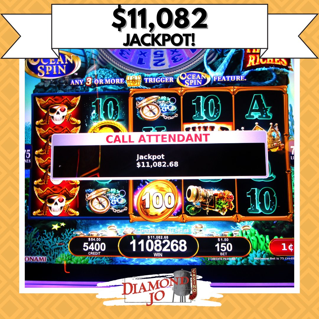 Ocean Spin for the WIN! &#127754; This lucky guest bagged $11,082 playing the Ocean Spin - Pirate&#39;s Riches slot machine at Diamond Jo Casino! Nice catch! ⛵