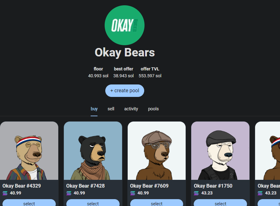 Hadeswap deals 🔁 You can sell your @okaybears instantly for 38.943 SOL or buy one for 40.993 SOL. Who are you buying from or selling to? Someone who decided to become his/her own market 🫡 100% of the fees to the market maker, 0% to Hadeswap 🤝 #WAGBO 👌🐻