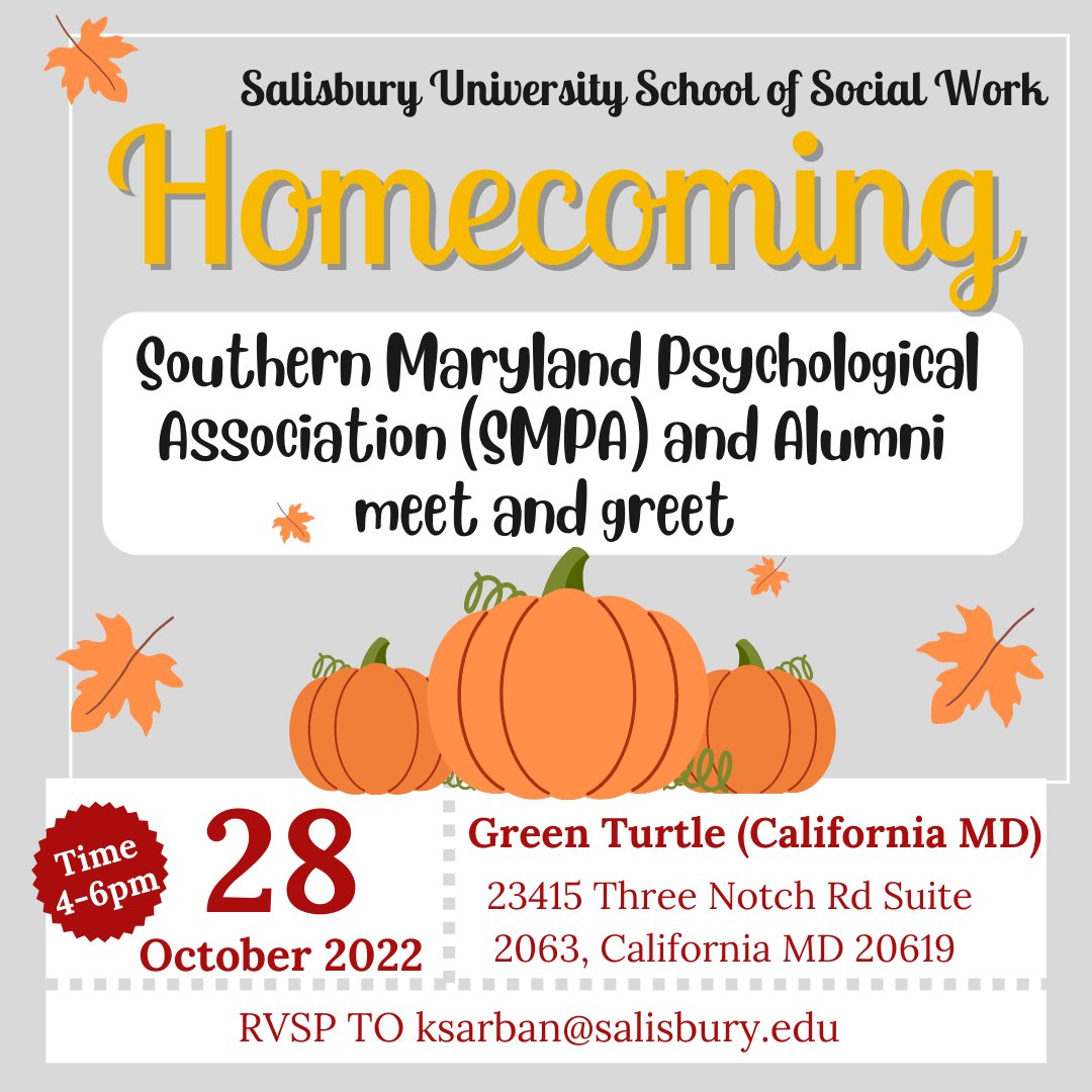 USMofSoMD's tweet photo. It's time to meet and greet! Join the Salisbury School of Social Work for their alumni event this Friday, 10/28 from 4-6 PM. 

#somd #southernmd #southernmaryland #highereducation #stayclosegofar https://t.co/AwptJKQz3W
