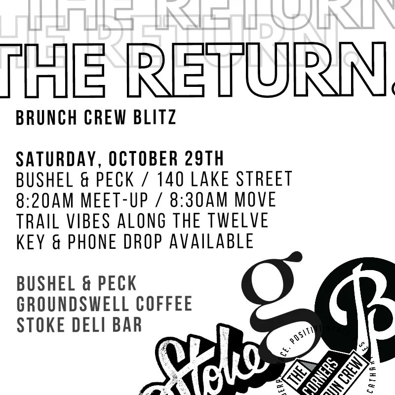 CornersRunCrew's tweet photo. Brunch Crew Blitz is back this Saturday. Trail vibes along the Twelve followed by Groundswell Coffee, a brunch menu from Stoke Deli Bar and shop the best food shop around, Bushel and Peck. Pace &amp; distance always your call. Everybody welcome, every time. https://t.co/ufNUyEz5az