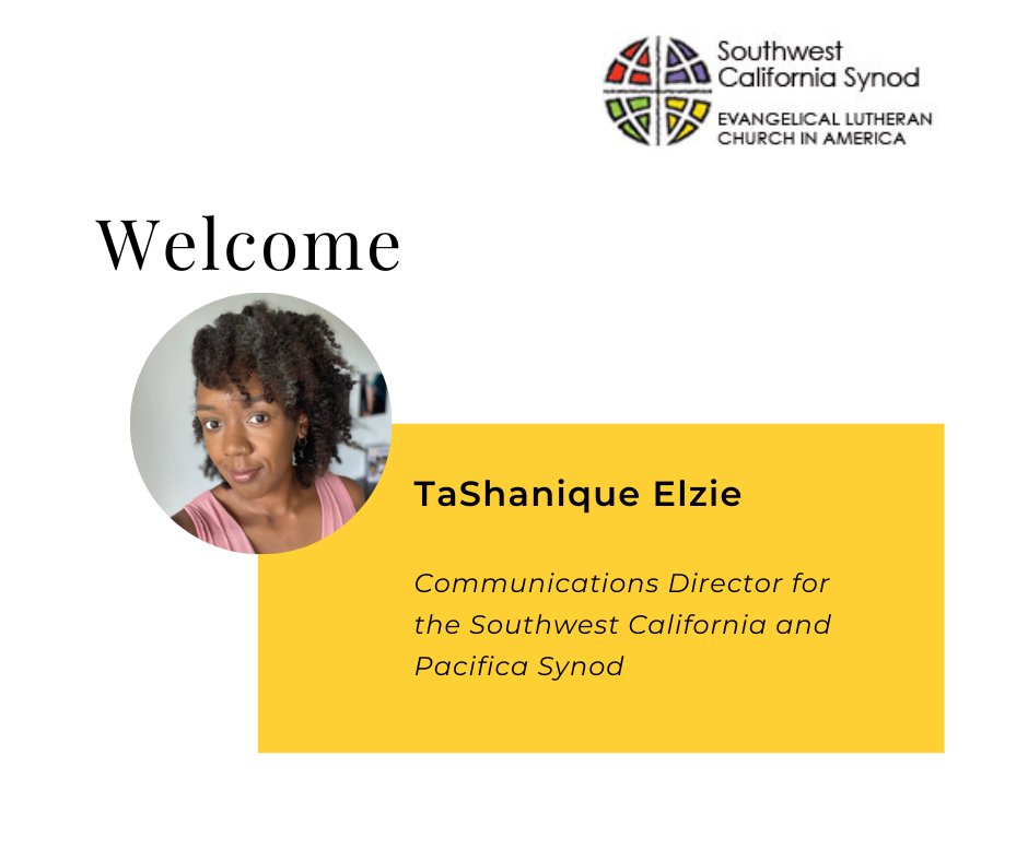 TaShanique “TaSh” Elzie has been hired as Communications Director and will serve both the SWCA and Pacifica Synod, working in collaboration with Bps Bos &amp; Nagler to createa comprehensive communication program for both synods. conta.cc/3SECgQc
#SWCASynod #pacificasynod