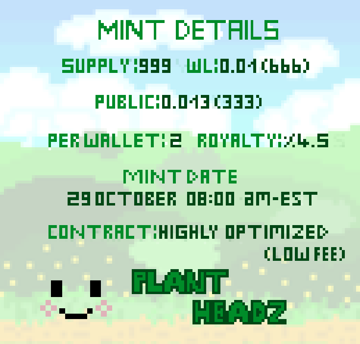 Plant Headz are excited to share their mint details with you and for you to join them on their journey!

(Any interaction with this tweet will be considered for whitelist)

#nftgiveaways #giveaway #NFT #WLGiveaways #ETH