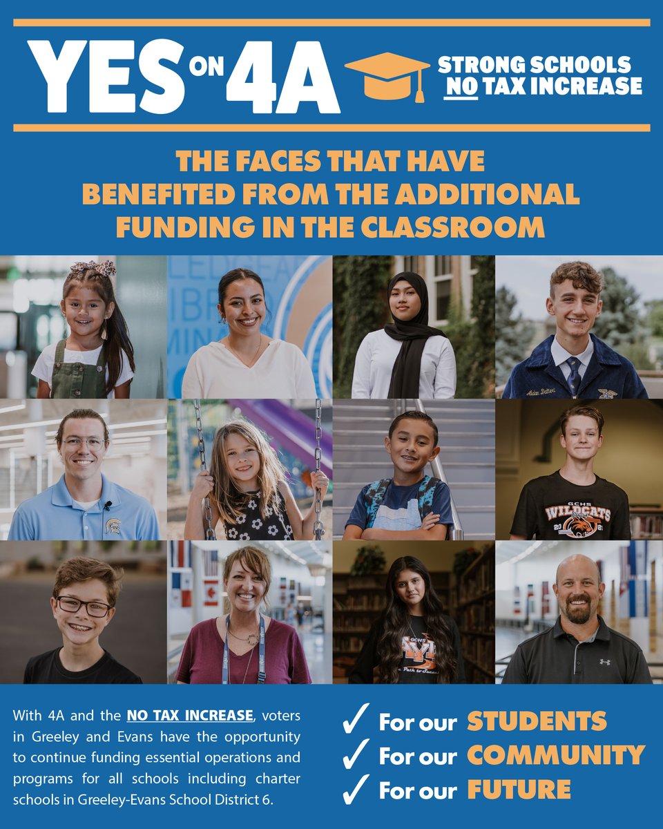 D6greatschools's tweet photo. These are the faces of the many students &amp; staff who benefit from the additional revenue brought in through the 2017 Mill Levy Override.

Continue this support for essential operations and programs at our Greeley and Evans District 6 schools–WITHOUT INCREASED TAXES!

☑️YES ON 4A! https://t.co/rTOnqhL5E3