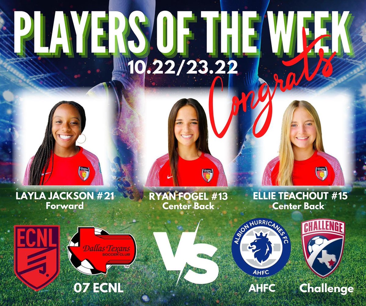 Texans07gECNL's tweet photo. Way to go @CatchLayla @ryanfogel2026 @ellie_teachout on outstanding play last weekend! https://t.co/YegvPK5jqV