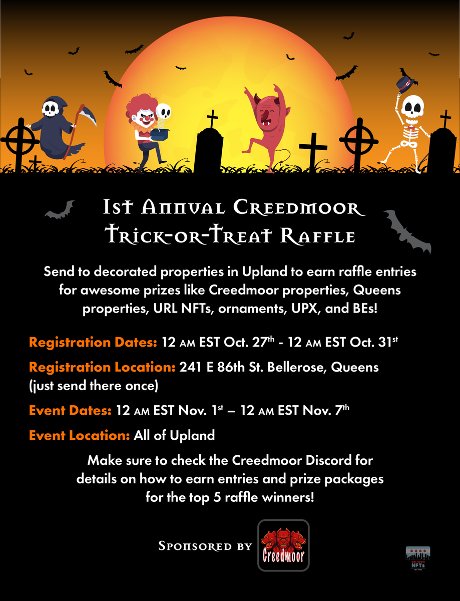 BUT WAIT, THERE'S MORE! After the #Halloween Race is over, get ready to trick-or-treat for some great prize packages! All the details are in our Discord server! 🎃

discord.gg/AP7xsbkFxM

@uplandme <a href="/shaktilyncrypto/">Shaktilyn.eth</a> #nftcommunity #metaverse #web3 #upland #creedmoor