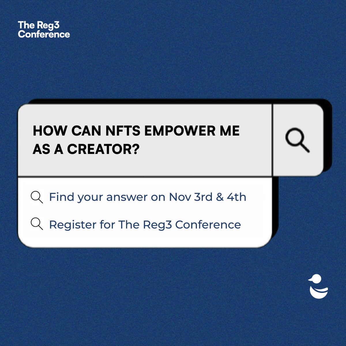 reg3conf's tweet photo. You’ve asked again and again what NFTs can do for you? We have the answers.
Join us on the 3rd and 4th of November!
+ info and tickets: https://t.co/voRjKTkgo1
@EUCInitiative x @NewEconomyInst
#DecentralisedTechnology #CryptoRegulation #NotADuck https://t.co/taHyF6Rez8