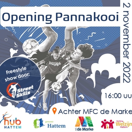 Volgende week woensdag 2 november is het zover!
Dan vindt de opening van de nieuwe Pannakooi achter de Marke plaats.
Om 16.00 uur komt StreetSkills voor een toffe Freestyle show.
<a href="/SWHattem/">St Welzijn Hattem</a>
<a href="/gem_Hattem/">Gemeente Hattem</a> <a href="/rtvhattem/">Toon Spoorenberg</a> <a href="/svHattoHeim/">s.v. Hatto-Heim ⚽️</a>