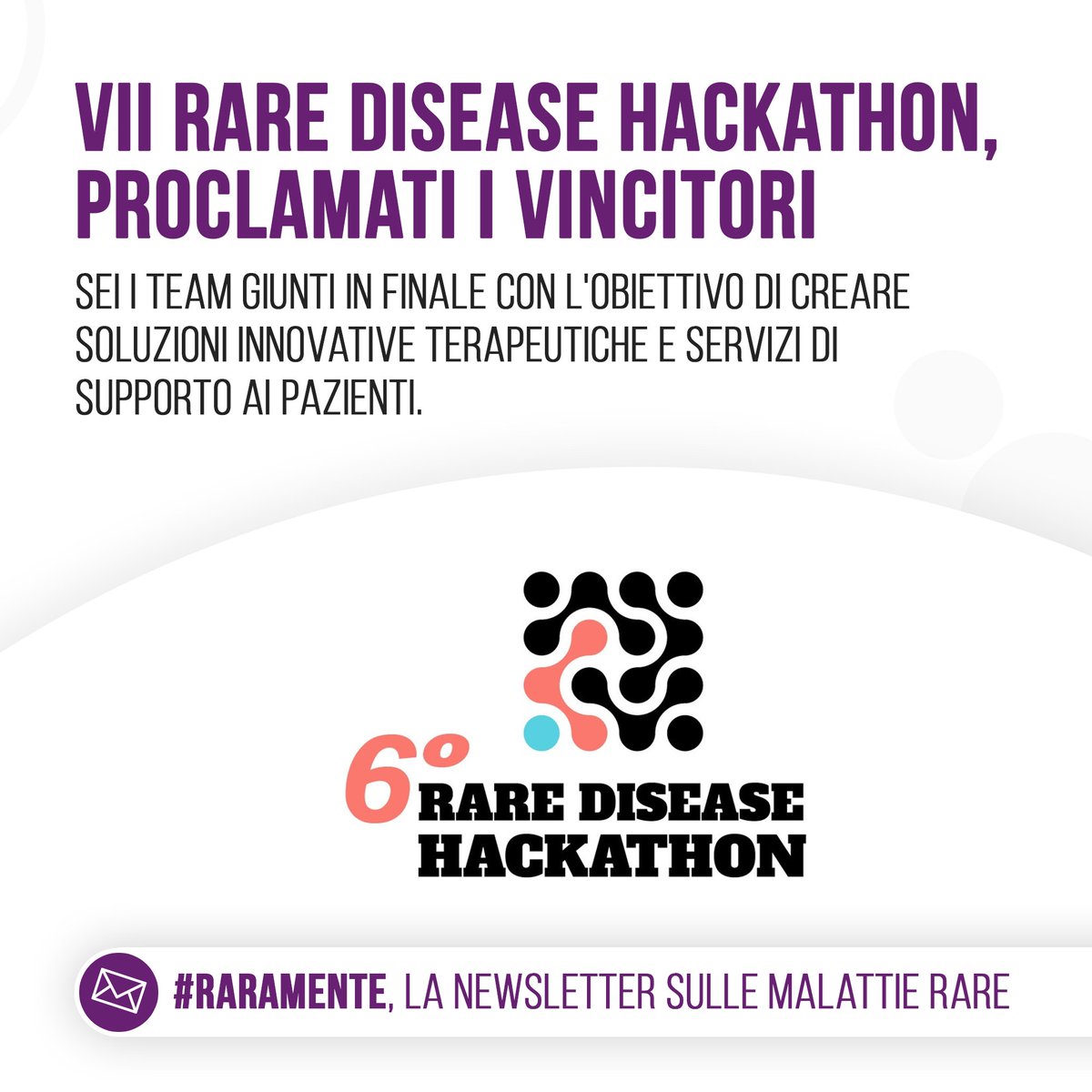 🚀La VI edizione del #RareDisease Hackathon si è conclusa con la vittoria del team Frequenze Connesse di Riccione per il progetto ImpaRARE, una piattaforma web che forma e informa sui bisogni di ogni specifica #malattiarara.

Per saperne di più⤵️
malattierare.gov.it/news/dettaglio…
