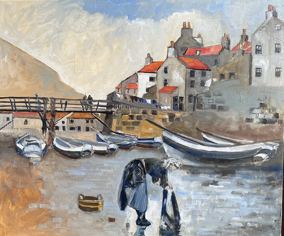 End of day #WIP Owd Steers #Staithes #YorkshireCoast #Beck #cobles #fishingvillage #colour #oils #figures #marineart