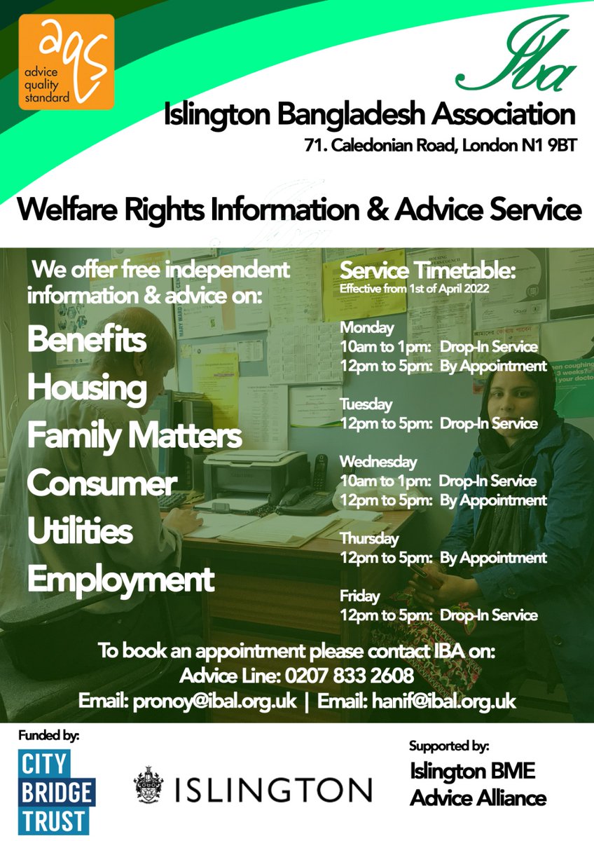 IBA_Islington's tweet photo. Here is our current timetable for our Advice Service, please get in touch if you have any queries. https://t.co/lfmPxt1RmP