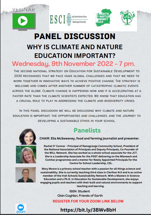 PANEL DISCUSSION: WHY IS CLIMATE AND NATURE EDUCATION IMPORTANT? 📅Wednesday 9th Nov ⏰7pm Zoom 👉🔗buff.ly/3TGUDp0