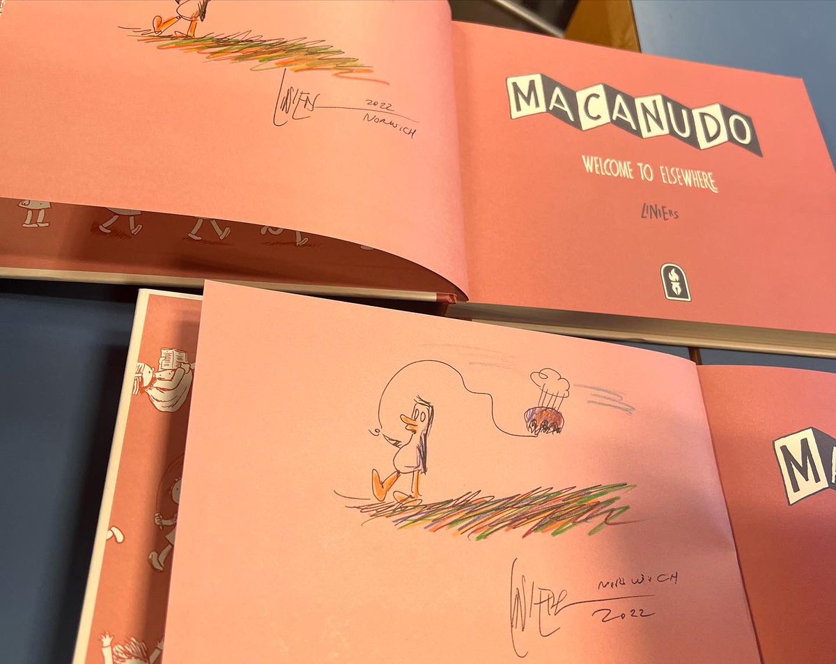 porliniers's tweet photo. Just did a bunch of signed copies of Macanudo: Welcome to Elsewhere (@fantagraphics ). Did some drawing as well! If you’re in the Upper Valley, you can find them at @NorwichBooksVT https://t.co/xQlXh95uiq