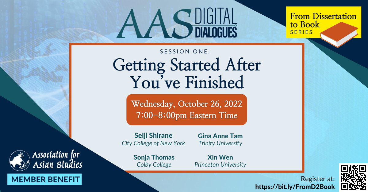 AASAsianStudies's tweet photo. Our #AASDigitalDialogues series, "From Dissertation to Book," kicks off tonight at 7pm Eastern Time! We are *very close* to the registration capacity of 500 people (!!!), so AAS members interested in attending should log in NOW and secure their spots. https://t.co/RQOM6YkqHc https://t.co/bokvZcvyiV