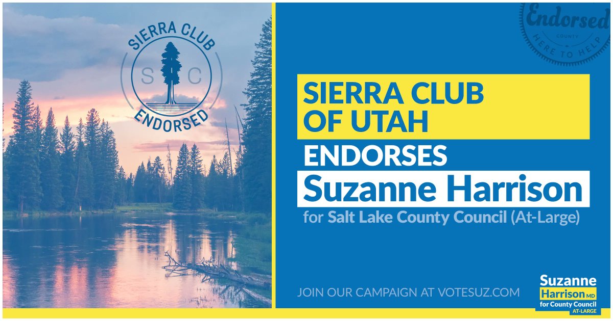 VoteSuz's tweet image. Conservation and environmental stewardship are Utah values, and I am dedicated to a sustainable future. It is a true honor to have earned the endorsement of the @SierraClubUtah. #utpol