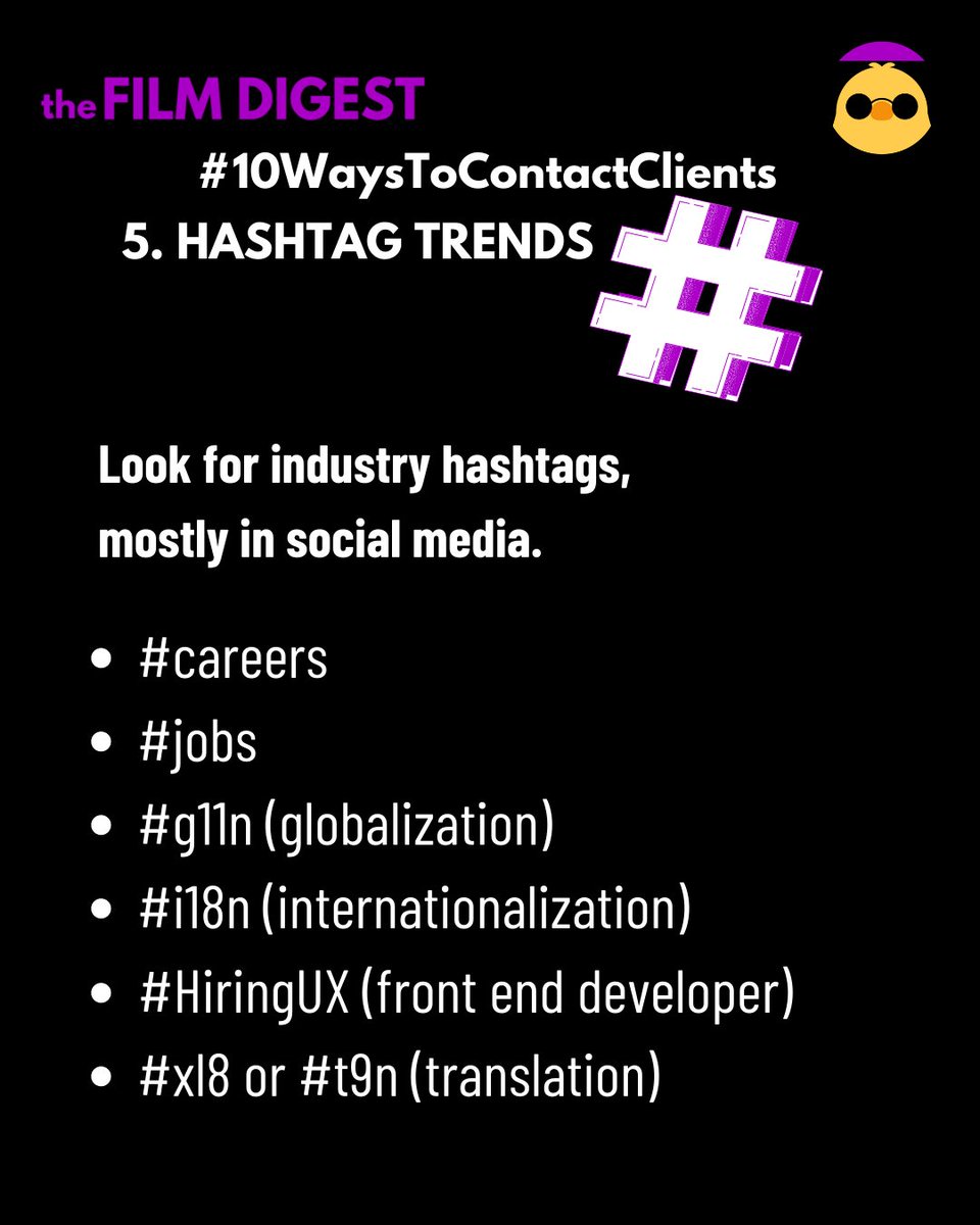 TheFilmDigest's tweet photo. Look for industry hashtags, mostly in social media.
#careers 
#jobs
#xl8 , #t9n (translation),
#medxl8 (medical translation)
#l10n #xl10n (localization), 
#LSP (language service provider), 
#g11n (globalization) 
#i18n (internationalization)
#HiringUX (front end developer) https://t.co/fqeDoPpL2W