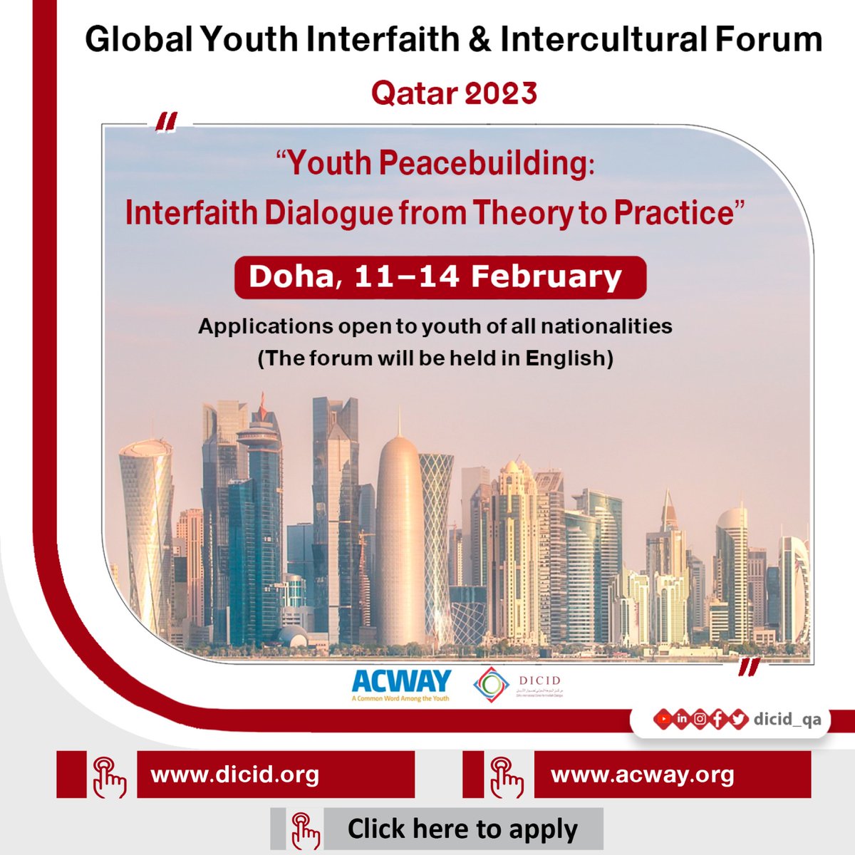 JAndersonRoland's tweet photo. 📢Calling all youth! Applications for youth (18-35) are open until November 4 to attend and participate in the @ACWAYProject &amp; @dicid_qa "Global Youth Interfaith &amp; Intercultural Forum"

Apply here! https://t.co/Jk3G10VWs5 https://t.co/ofbt4tZ2Ia