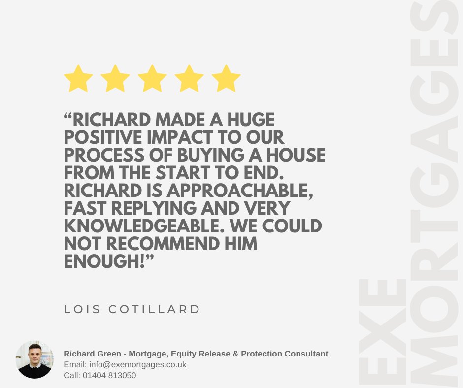It's #FeedbackFriday &amp; We certainly have
that #FridayFeeling!

Thank you to Lois for your lovely review about Richard
Green!

We hope you all have a good day!

#exemortgages #mortgagebroker #mortgagespecialist
