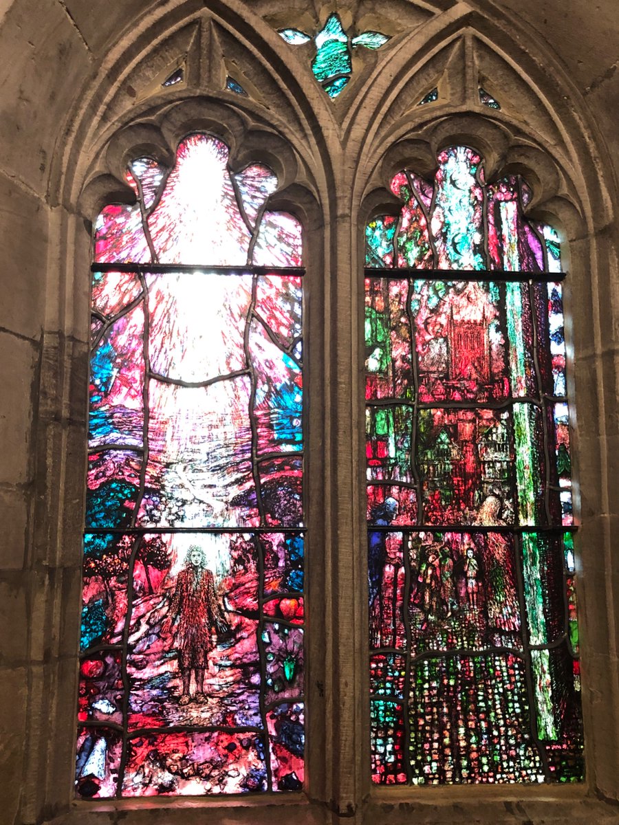 The Tom Denny stained glass at Hereford Cathedral never fails to floor me. It makes me think of Russell Hoban’s Riddley Walker spiralling from a cathedral window in Canterbury and how much church art can move and startle us, whatever we believe or don’t believe.