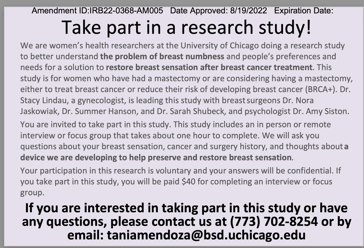 Stacy Tessler Lindau (@stacylindau) on Twitter photo Join women w/ #breastcancer + doctors working together to restore sensation & treat pain after #mastectomy. If you had or are about to have a mastectomy, contact us! <a href="/slimanjbensmaia/">sliman bensmaia (@Slimanjbensmaia@vmst.io)</a> <a href="/SihongWang_UChi/">Sihong Wang</a> <a href="/cancersexnet/">Scientific Network</a> <a href="/AspenAGLN/">Aspen Global Leadership Network</a> <a href="/uchicago_obgyn/">UChicago Obstetrics and Gynecology Department</a> <a href="/UCCancerCenter/">UChicagoCancerCenter</a> <a href="/ASCO/">ASCO</a> <a href="/SusanGKomen/">Susan G. Komen</a> Join women w/ #breastcancer + doctors working together to restore sensation & treat pain after #mastectomy. If you had or are about to have a mastectomy, contact us! <a href="/slimanjbensmaia/">sliman bensmaia (@Slimanjbensmaia@vmst.io)</a> <a href="/SihongWang_UChi/">Sihong Wang</a> <a href="/cancersexnet/">Scientific Network</a> <a href="/AspenAGLN/">Aspen Global Leadership Network</a> <a href="/uchicago_obgyn/">UChicago Obstetrics and Gynecology Department</a> <a href="/UCCancerCenter/">UChicagoCancerCenter</a> <a href="/ASCO/">ASCO</a> <a href="/SusanGKomen/">Susan G. Komen</a>