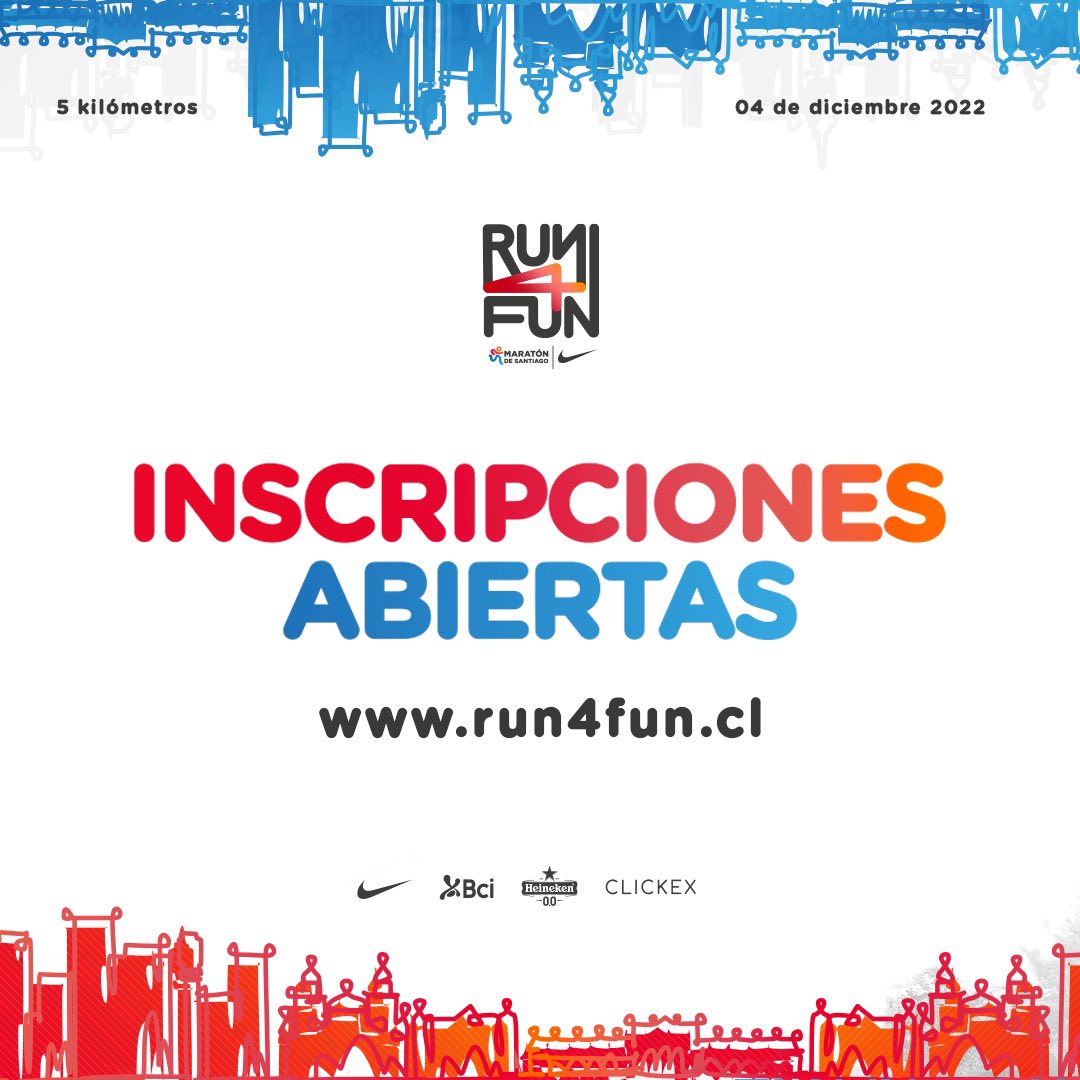 ¡Inscripciones abiertas! Entra a run4fun.cl y súmate a los 5K del #MaratónDeSantiago, el próximo 4 de diciembre en la #Run4Fun 🏃‍♀️ 
¡Súmate a la fiesta del #Running!