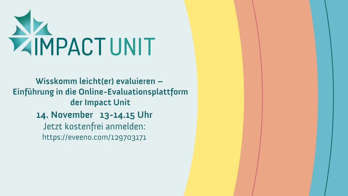 Veranstaltungstipp: Was nimmt das Publikum aus #Wisskomm-Events mit? Was funktioniert gut in Projekten, was lässt sich verbessern? Die #ImpactUnit stellt das Thema #Evaluation &amp; die speziell für die Wisskomm-Praxis entwickelte Evaluationsplattform vor:
ℹ️ eveeno.com/129703171