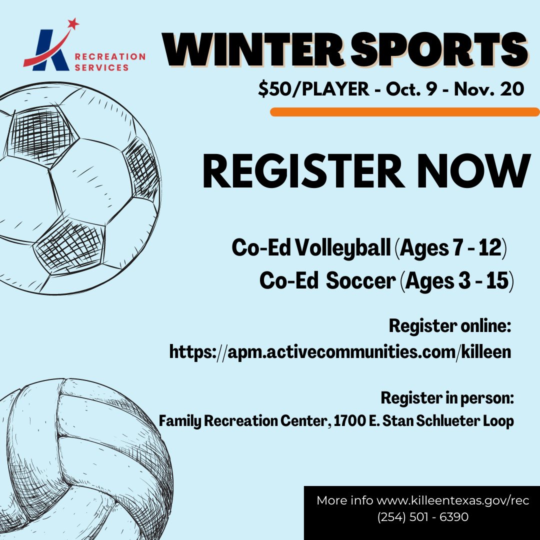 We are excited to start gearing up for Winter Soccer and Youth Volleyball. Registration is open for both sports now through November 20th. For more information on either league such games and practice schedules, please call 254-501-6390, e-mail kpr-athletics@killeentexas.gov
