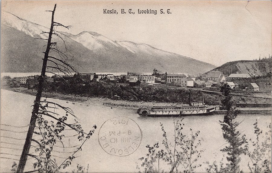 'Dear Mabel, this is one swell place wish you were here. The sail was swell. With love, Walter'   
~ June10, 1912

 Kaslo BC, looking south east, c1912 Stathearn's Silver Star Store postcard.
#bchistory