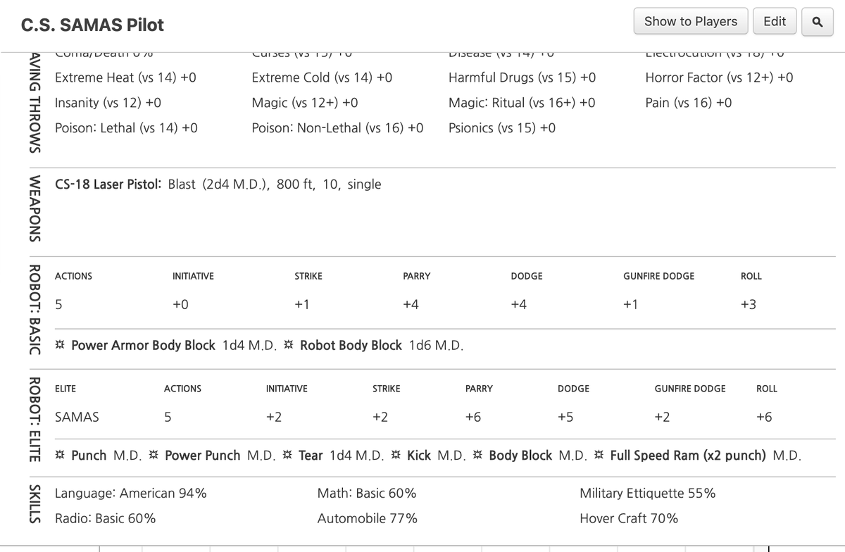 rburson's tweet photo. Pretty happy w/ how my slimmed down sheet is coming along for Rifts on Roll20. Everything is clickable to generate rolls in chat. Tabs lead back to the full character sheet. Need to add a section for a selected robot next. #rifts #ttrpg #roll20 https://t.co/wS1vhXczhc