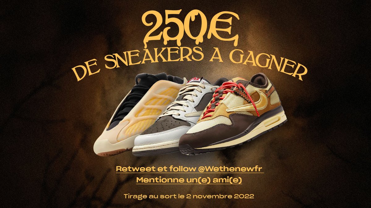 À l'occasion d'Halloween, on a décidé de vous offrir non pas des bonbons, mais bien 250€ DE SNEAKERS 👟

Pour participer :
- RT ce tweet &amp; follow <a href="/wethenewfr/">Wethenew</a>
- Mentionne un(e) ami(e) sous ce tweet

Tirage au sort le 2 novembre 2022 à 16h, et n'oubliez pas... Happy Halloween 🎃