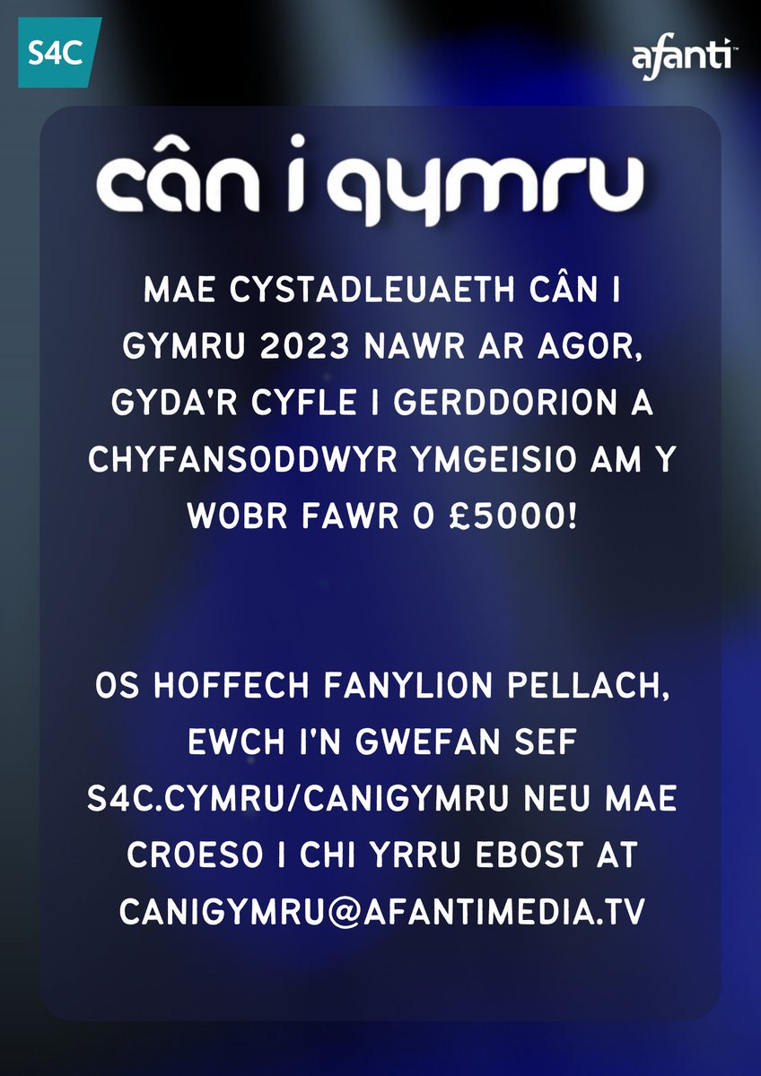 CÂN I GYMRU 2023 🎤

Mae cystadleuaeth Cân i Gymru 2023 nawr AR AGOR! Cyfle i ennill £5,000! Ewch ati i ymgeisio

<a href="/elinfflur/">Elin Fflur</a> <a href="/Tryst_Ellis/">Trystan Ellis-Morris</a> <a href="/S4C/">S4C 🏴󠁧󠁢󠁷󠁬󠁳󠁿</a>

#CIG2023