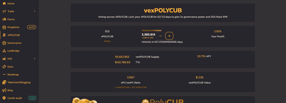 leodexio's tweet photo. As of a few minutes ago, hundreds of thousands of #POLYCUB was locked into the vexPOLYCUB vault

vexPOLYCUB is locked for the next 627.23 days. It's Vote-Escrowed xPOLYCUB which is utilized for DAO voting

More than 50% of all xPOLYCUB is now locked for over 1.5 years 👀 https://t.co/RYpDEWKt3a