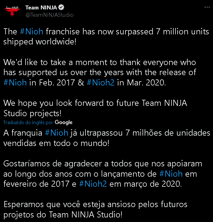 EuAmoSerGamer's tweet photo. ⚠️Série Nioh ultrapassa a marca de 7 milhões de unidades vendidas!

➡️https://t.co/YrHVts2Gkq

➡️https://t.co/b0siQpOJ4n

#teamninja #koeitecmo #Nioh #nioh2 #zusfallen https://t.co/7vmOEMuHZk