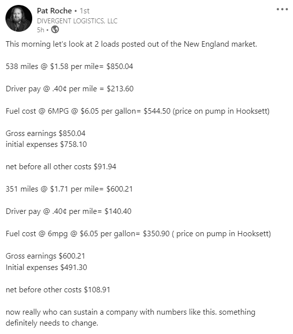 TimothyDooner's tweet photo. My trucking buddy Pat broke down what his costs would be on loads at these rates. The math ain't good. https://t.co/GD2d9XitfX