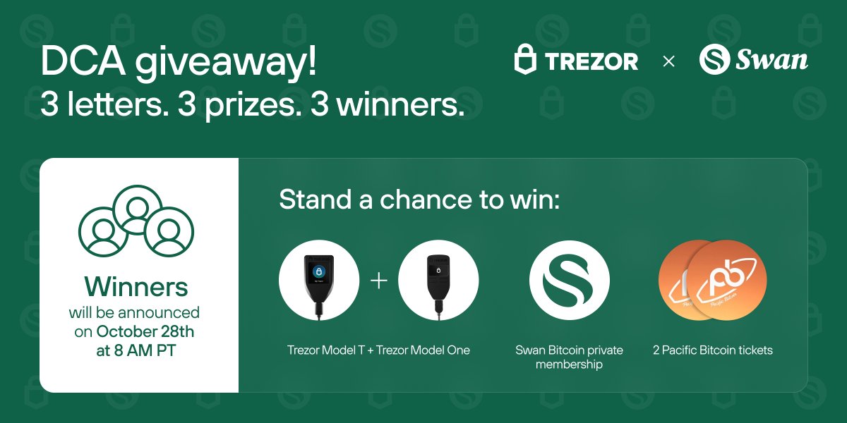 Trezor's tweet photo. 🚨 Trezor &amp; Swan Bitcoin giveaway 🚨

Celebrate DCA in Suite and stand a chance to win great prizes!

Rules:
1️⃣ Follow @Trezor &amp; @SwanBitcoin
2️⃣ Like &amp; Retweet this tweet
3️⃣ In the comments: Explain DCA in 3 emojis

🗓 Until Friday 8 am PT👇 https://t.co/ik5hEWRREN