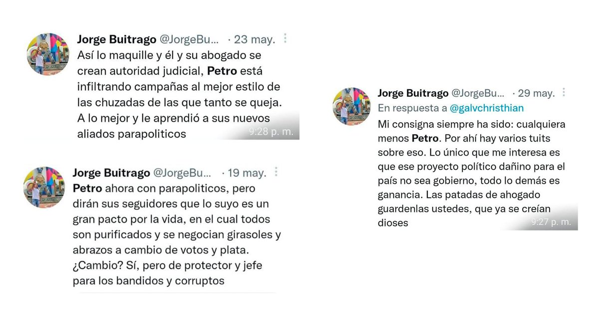 wilsonariasc's tweet photo. Al señor @JorgeBuitragoT están a punto de darle un cargo de asesor en @MinjusticiaCo con un salario de $13.000.000 mensuales. Aunque borró sus trinos, esto decía el Sr. Buitrago de @petrogustavo. ¿Puede confirmar el Gobierno en una persona de esas? Yo creo que no. https://t.co/Fp5hhT5BKI