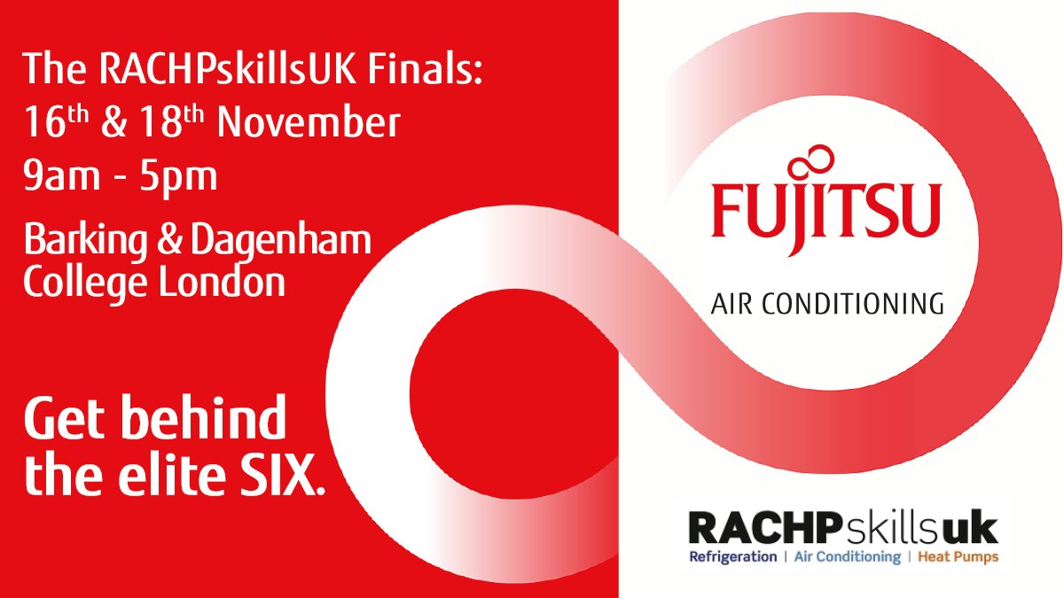 Get behind the elite six. 
We're counting down to the <a href="/RACHPskills/">RACHPskillsUK</a>  finals, part of <a href="/worldskillsuk/">WorldSkills UK</a>.

Three competition days: 16th - 18th November, held  @barkingcollege

Encouraging the next generation of engineers.

#Fujitsu #HVACR