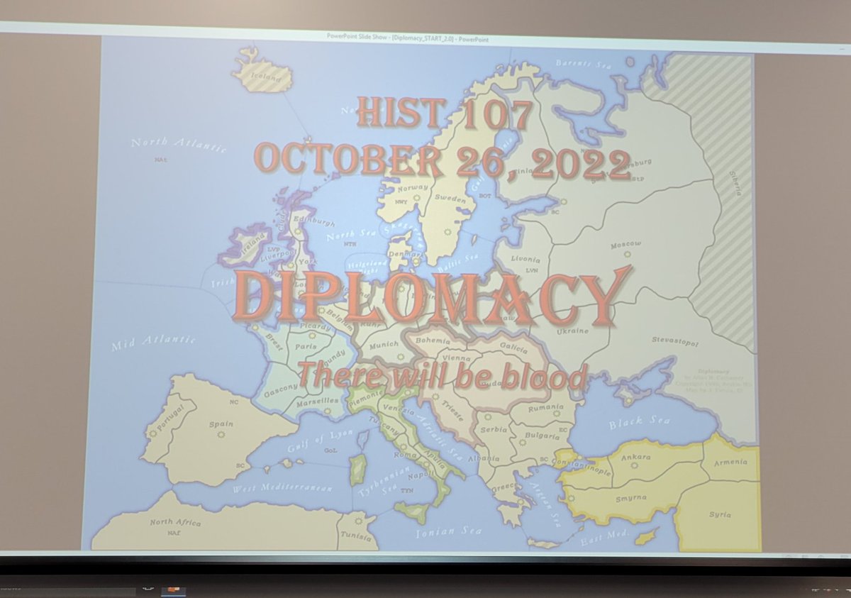 AMikaberidze's tweet image. I am passionate about incorporating board games in teaching. This week my freshmen are pondering the future of post 1871 Europe. 27 students representing seven powers. The first four rounds have been amazing, smart decisions and deal making... except for Austrians :)