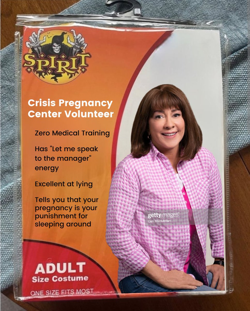 TEAFund's tweet image. Terrifying costume. So scary. 

Crisis Pregnancy Centers disguise themselves as places where folks can get health care, but these are actually organizations that are trying to coerce people into not getting abortions.