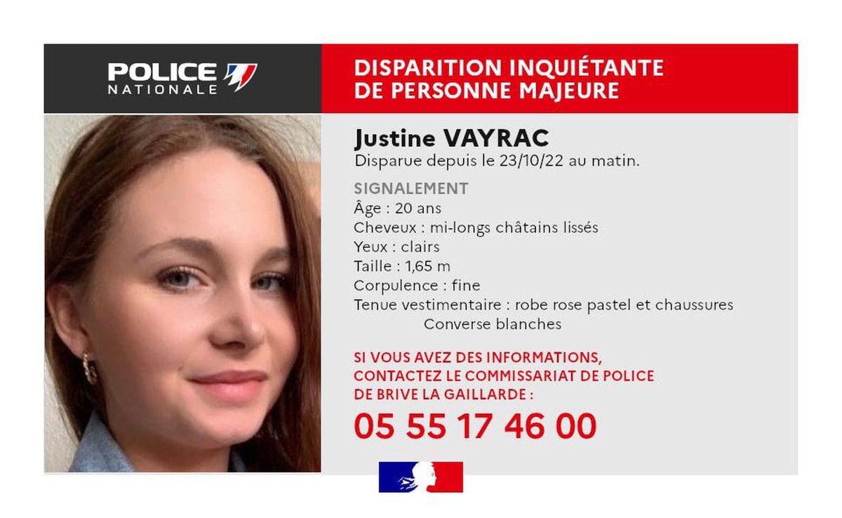 InfosFrancaises's tweet photo. "ELLE RENTRE TOUJOURS...": Justine Vayrac, 20 ans, maman d'un petit garçon, est portée disparue depuis le 23 octobre à la sortie d'une discothèque à Brive-la-Gaillarde, en Corrèze. Des traces de sang ont été retrouvées dans la voiture et au domicile d'un homme est en garde à vue. https://t.co/NxvNBqTwIz